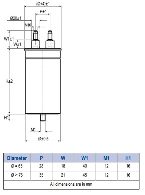Mechanical Drawing - KEMET C44P & C20A Series AC Filter Capacitors