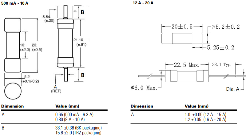 Mechanical Drawing - Eaton Electronics S505H 400VDC/500-600VAC Time-Delay Fuses