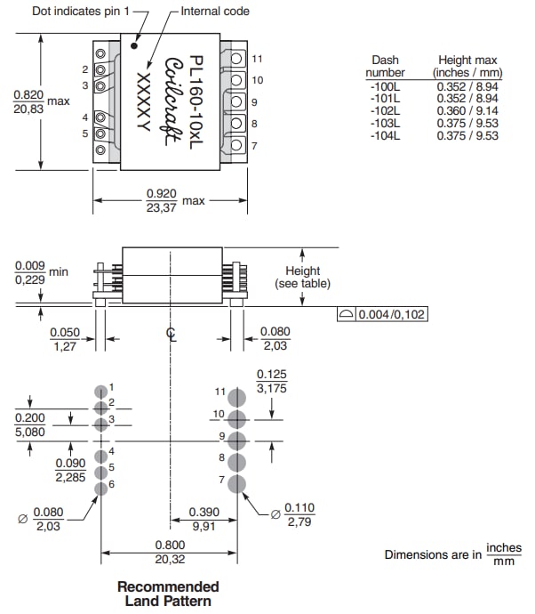 Mechanical Drawing - Coilcraft PL160/PL300 SMT Planar Transformers