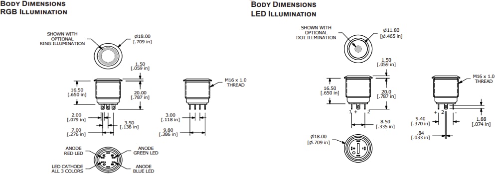 Mechanical Drawing - E-Switch PV6 16mm Anti-Vandal Switches