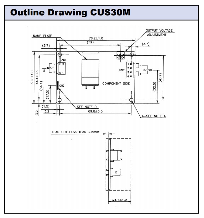 Mechanical Drawing - TDK-Lambda CUS30/60M Medical Power Supplies