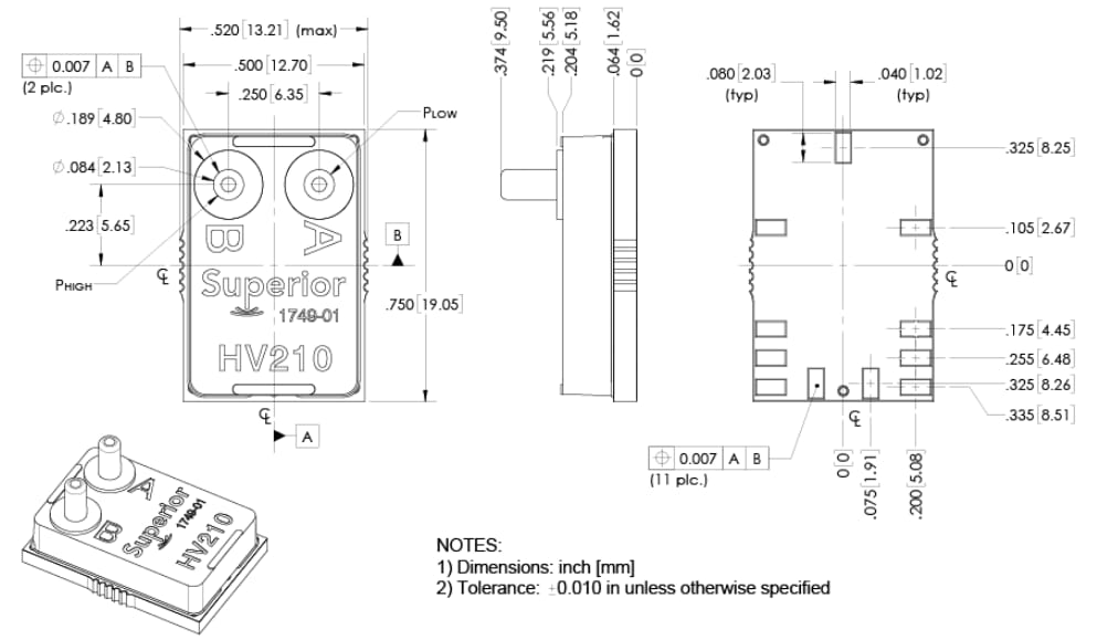 Mechanical Drawing - Superior Sensor Technology HV120 Differential Low Pressure Sensors