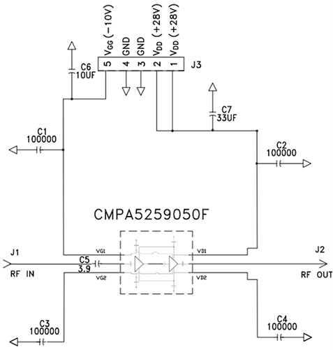 Schematic - MACOM CMPA5259050F-AMP Demonstration Amplifier Circuit