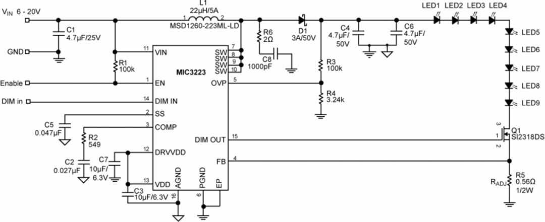 Application Circuit Diagram - Microchip Technology MIC3223 High Power Boost LED Driver