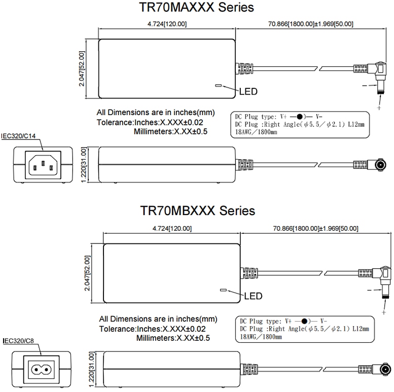 Mechanical Drawing - Cincon TR70M Medical Switching Desktop Adapters