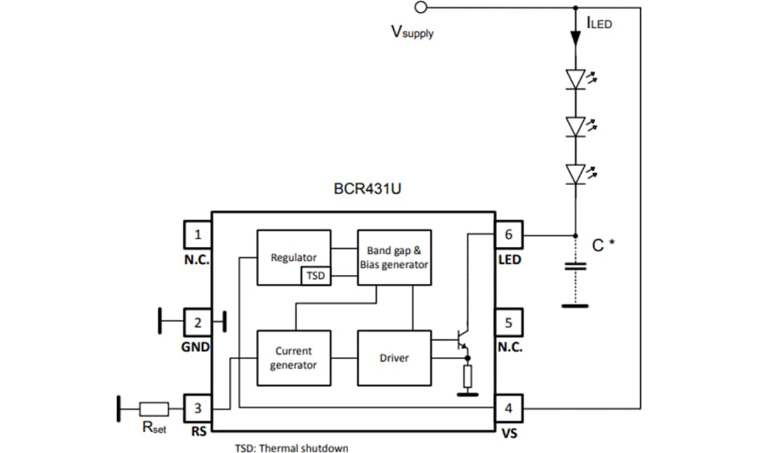 Application Circuit Diagram - Infineon Technologies BCR431U Linear Low Voltage Drop LED Driver