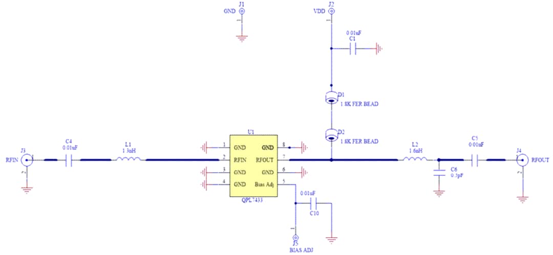 Application Circuit Diagram - Qorvo QPL7433 45MHz to 3.3GHz Low Noise Amplifier