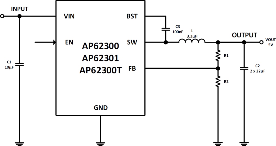 Application Circuit Diagram - Diodes Incorporated AP62300/1 & AP62300T Synchronous Buck Converters