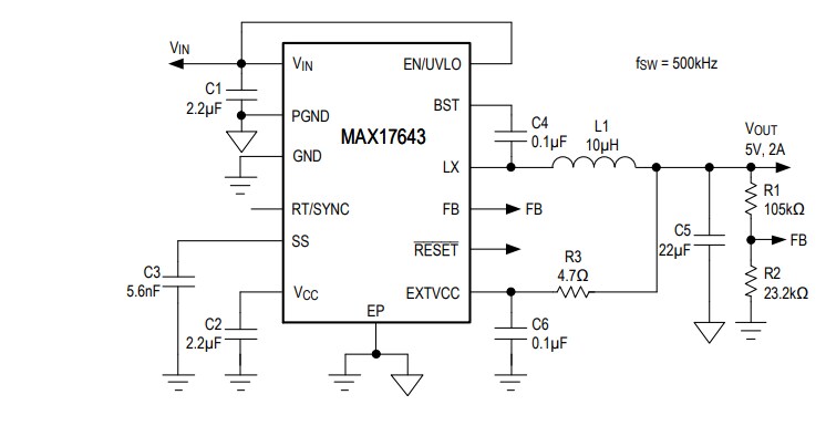 Application Circuit Diagram - Analog Devices / Maxim Integrated MAX17643 Step-Down DC-DC Converter
