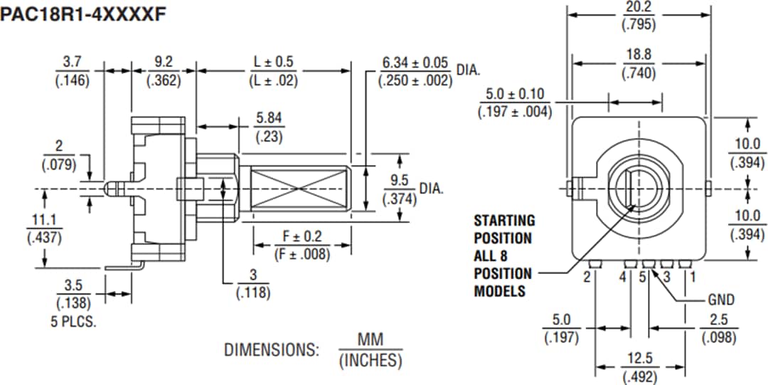 Mechanical Drawing - Bourns PAC18R 18mm Low Profile Absolute Encoders