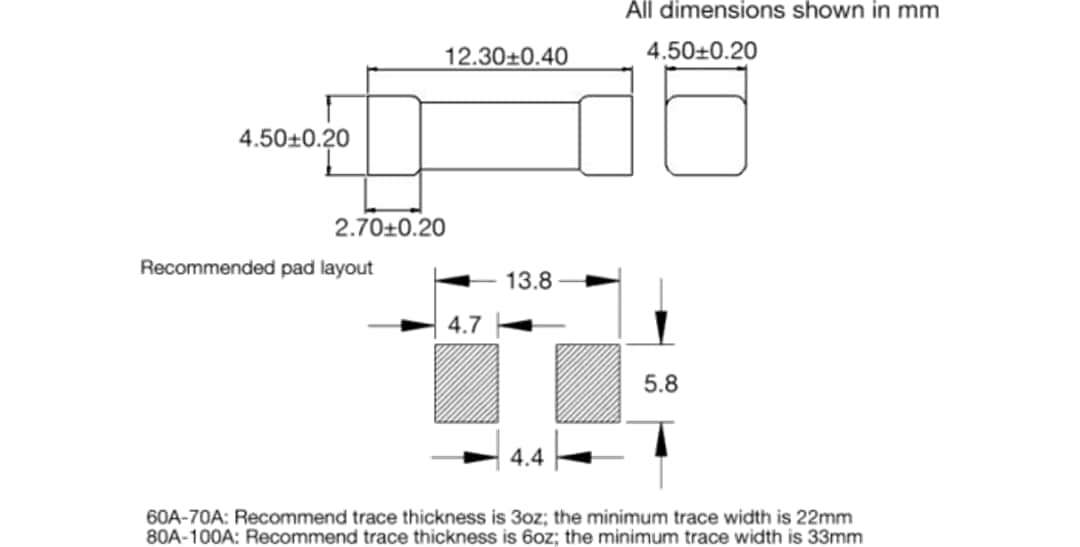 Mechanical Drawing - Bel Fuse 0ACH Fast Acting High Current Brick Fuses