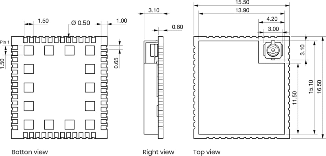 Mechanical Drawing - Move-X MAMWLE-xx Low-Power Radio Module