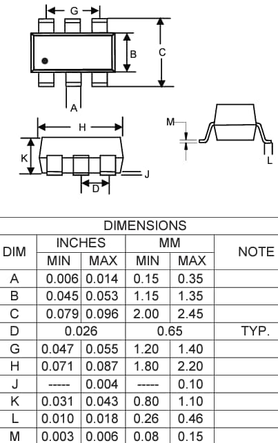 Mechanical Drawing - Micro Commercial Components (MCC) UMH9NHE3 Dual NPN Digital Transistor