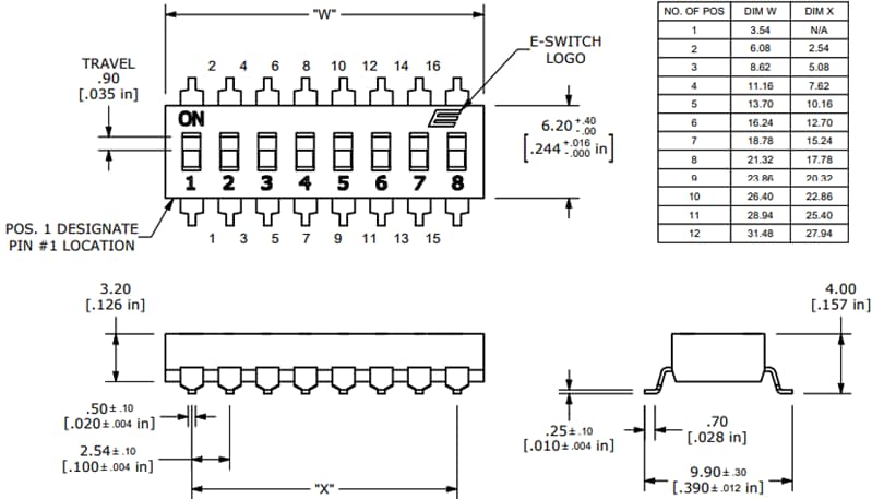 Mechanical Drawing - E-Switch KAG Series DIP Switches