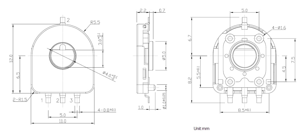 Mechanical Drawing - BI Technologies / TT Electronics PHS11R Rotary Position Sensors