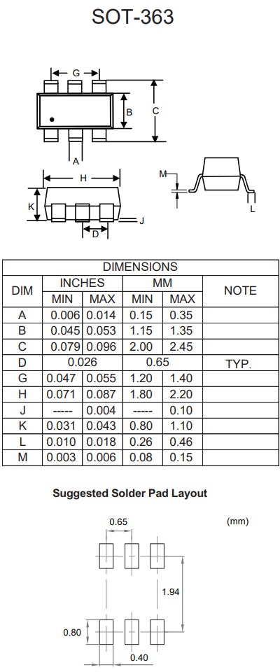 Mechanical Drawing - Micro Commercial Components (MCC) MMDT5401HE3 Dual PNP Transistor