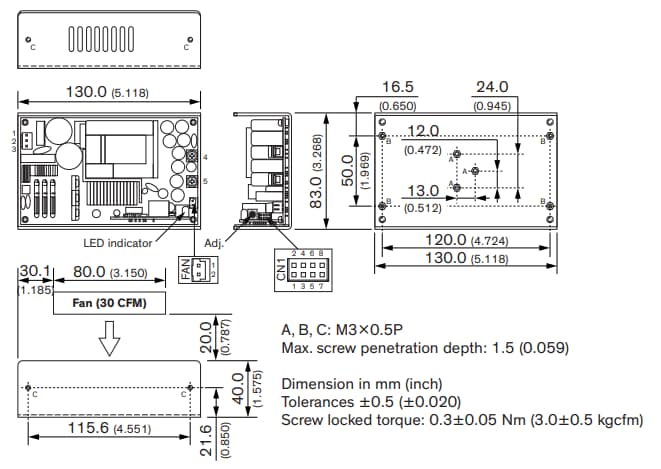 Mechanical Drawing - TRACO Power TCI 500U Series AC-DC Industrial Power Supplies