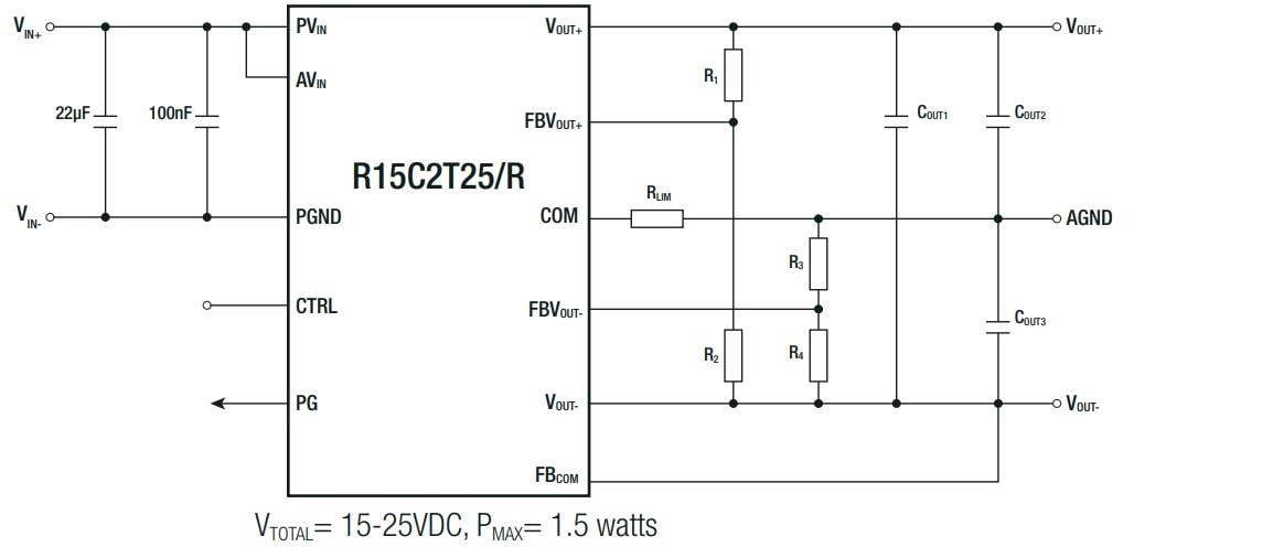 Application Circuit Diagram - RECOM Power R12C2T25/R 2.5W Isolated DC/DC Converters