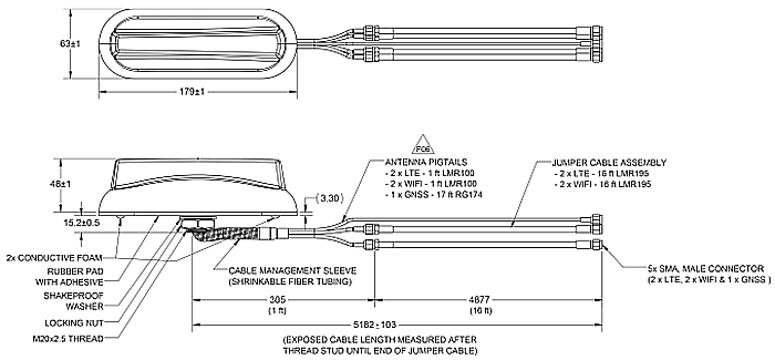 Mechanical Drawing - TE Connectivity Gar Multiport Vehicle Antennas with QMA Connectors