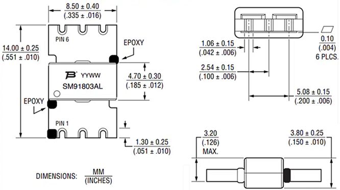 Mechanical Drawing - Bourns SM91803AL-E AEC-Q200 BMS Signal Transformers