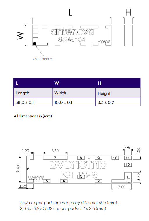 Mechanical Drawing - Antenova Opaca SR4L104 IamiiANT® Cellular 5G Antennas