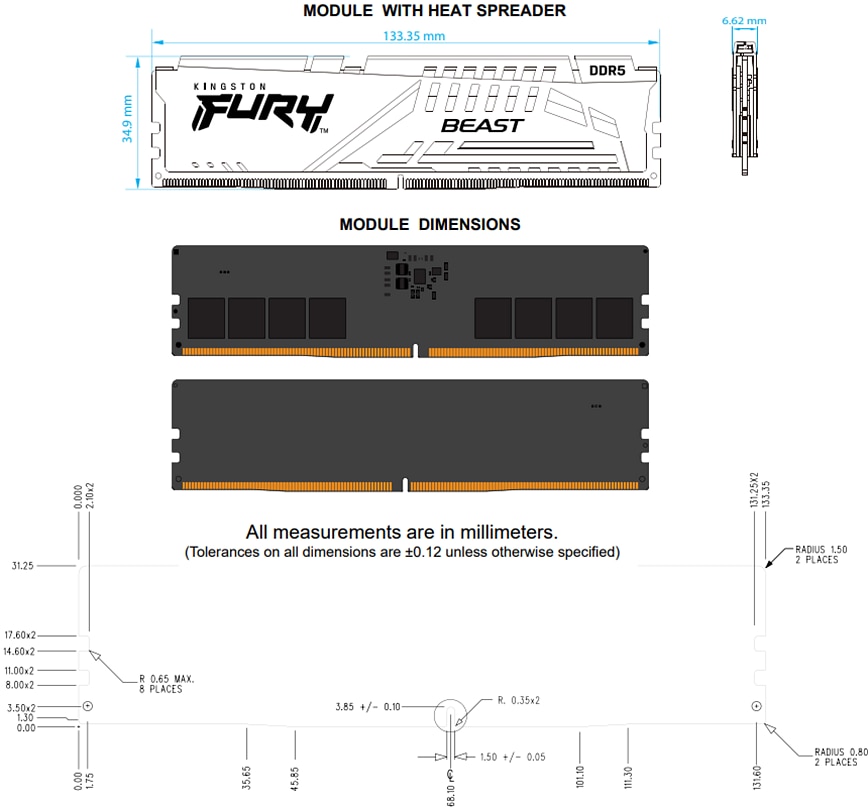 Mechanical Drawing - Kingston FURY Beast DDR5 Memory Modules
