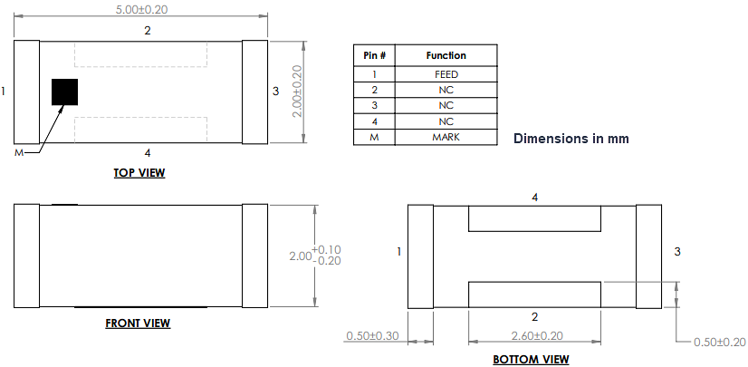 Mechanical Drawing - Abracon AANI-CH BLUETOOTH®/Wi-Fi® Chip Antennas
