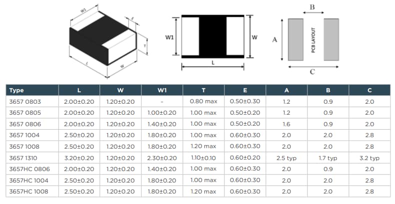 Mechanical Drawing - TE Connectivity / Holsworthy Type 3657 Wirewound SMD Power Inductors