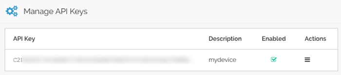 View of the newly created API Key after configuring the description to mydevice.