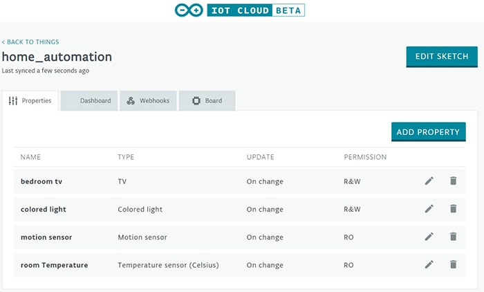Properties table in the Arduino IoT Cloud