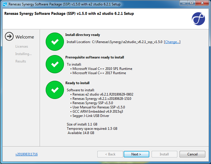 The Renesas Synergy Software Package with e&sup2; studio setup installer dialog box shows the installation requirements and software that will install once the process is complete.