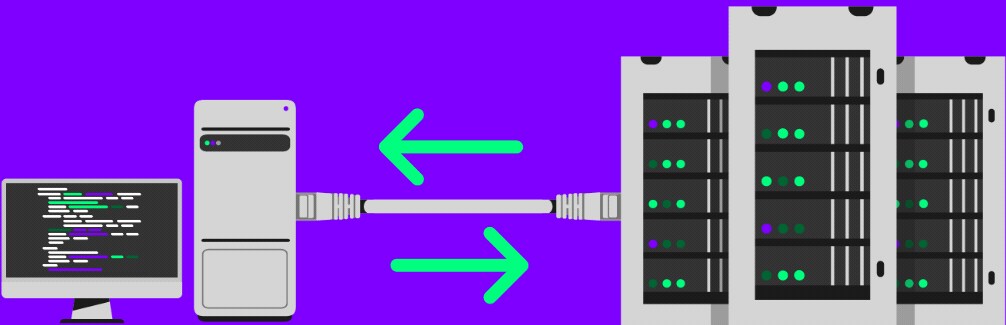 A computer writing lines of code hardwired to three server racks with arrows to indicate two way data transfer.