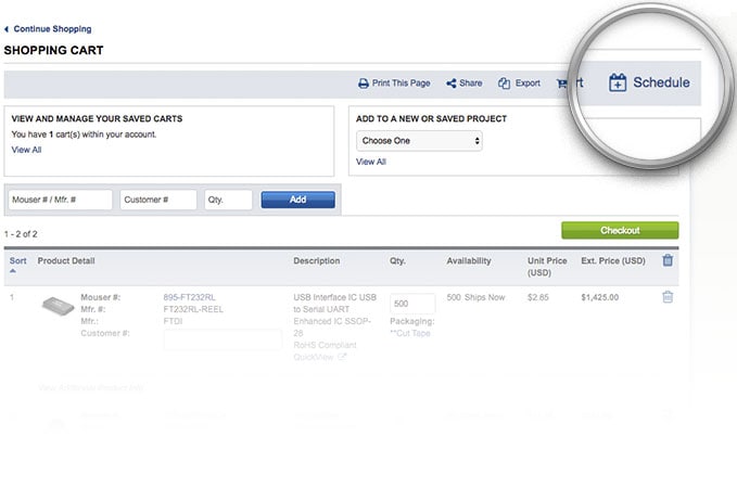 Mouser Shopping Basket Schedule Order button highlighted on Shopping Basket page.